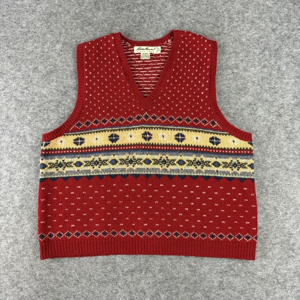 Eddie Bauer Vintage Fair Isle Wool Sweater Vest Red Nordic Women's Small 90s